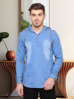 KUONS AVENUE - Men's Ice wash Blue Hooded Denim Casual Shirt
