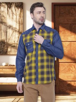 KUONS AVENUE - Men's Yellow Checks Casual Denim Shirt