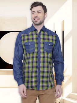 KUONS AVENUE - Men's Green Checks Casual Denim Shirt