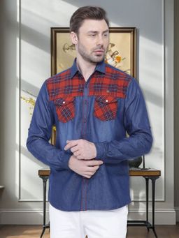 KUONS AVENUE - Men's Checks Casual Denim Blue Shirt
