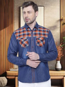 KUONS AVENUE - Men's Checks Casual Denim Blue Shirt