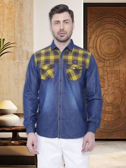 KUONS AVENUE - Men's Checks Casual Denim Yellow Shirt