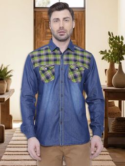 KUONS AVENUE - Men's Checks Casual Denim Green Shirt