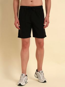 Cantabil - Men's Black Solid Elastic Belt Drawstring Regular Fit Bermuda Shorts