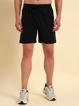 Cantabil - Men's Black Solid Elastic Belt Drawstring Regular Fit Bermuda Shorts