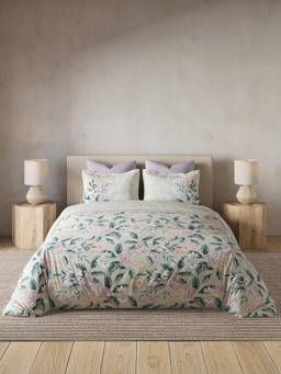 Ddecor Live Beautiful - 100% Cotton Floral 145TC King Bedsheet With 2 Pillow Covers & Quilt - Grey