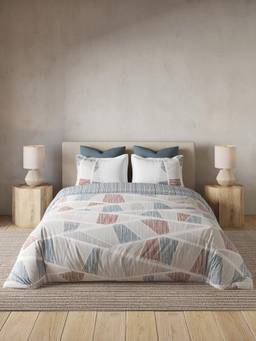 Ddecor Live Beautiful - 100% Cotton Geometric 145TC King Bedsheet With 2 Pillow Covers & Quilt - Blue