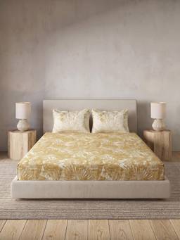 Ddecor Live Beautiful - 100% Cotton Leaves 145TC King Bedsheet With 2 Pillow Covers - Yellow