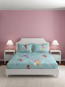 Ddecor Live Beautiful - 100% Cotton Graphic 145TC King Bedsheet With 2 Pillow Covers - Turquoise