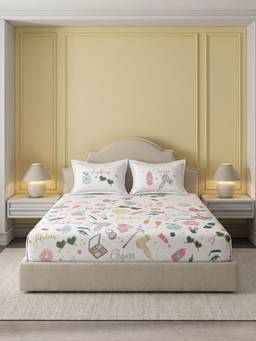 Ddecor Live Beautiful - 100% Cotton Graphic 145TC King Bedsheet With 2 Pillow Covers - White