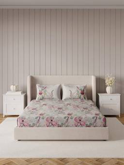 Ddecor Live Beautiful - 100% Cotton Floral 145TC King Bedsheet With 2 Pillow Covers - Grey