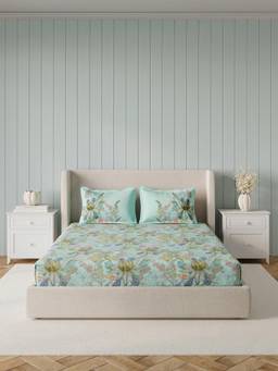 Ddecor Live Beautiful - 100% Cotton Floral 145TC King Bedsheet With 2 Pillow Covers - Blue