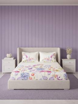 Ddecor Live Beautiful - 100% Cotton Floral 145TC King Bedsheet With 2 Pillow Covers - Purple