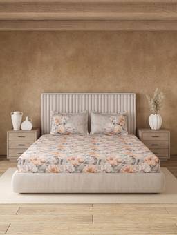 Ddecor Live Beautiful - 100% Cotton Floral 145TC Super King Bedsheet With 2 Pillow Covers - Beige