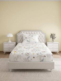 Ddecor Live Beautiful - 100% Cotton Graphic 145TC Single Bedsheet With Pillow Cover - White
