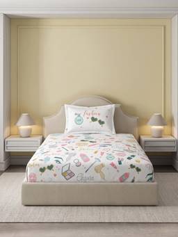 Ddecor Live Beautiful - 100% Cotton Graphic 145TC Single Bedsheet With Pillow Cover - White