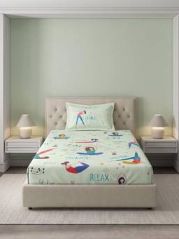 Ddecor Live Beautiful - 100% Cotton Graphic 145TC Single Bedsheet With Pillow Cover - Green