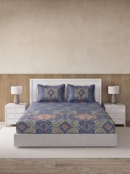Ddecor Live Beautiful - 100% Cotton Ethnic 145TC Super King Bedsheet With 2 Pillow Covers - Blue