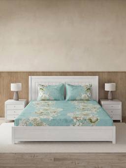 Ddecor Live Beautiful - 100% Cotton Floral 145TC Super King Bedsheet With 2 Pillow Covers - Turquoise