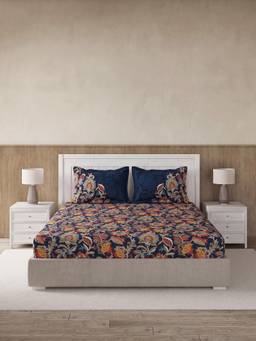 Ddecor Live Beautiful - 100% Cotton Ethnic 145TC Super King Bedsheet With 2 Pillow Covers - Blue