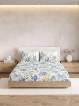 Ddecor Live Beautiful - 100% Cotton Floral 180TC Super King Bedsheet With 2 Pillow Covers - Blue