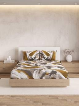Ddecor Live Beautiful - 100% Cotton Abstract 180TC Super King Bedsheet With 2 Pillow Covers - Yellow