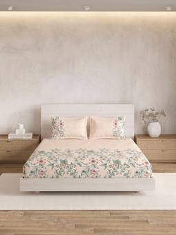 Ddecor Live Beautiful - 100% Cotton Floral 180TC Super King Bedsheet With 2 Pillow Covers - Beige