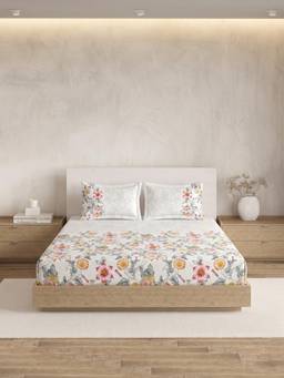 Ddecor Live Beautiful - 100% Cotton Floral 180TC Super King Bedsheet With 2 Pillow Covers - Grey