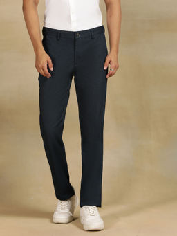 JadeBlue - Navy Blue Cotton Stretch Casual Trouser - Printed Slim Fit