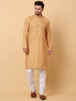 Kraft India - Printed Chikankari Embroidered Yellow Kurta with Churidar (Set of 2)