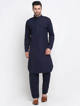Kraft India - Men Cotton Navy Blue Pathani Kurta with Trousers (Set of 2)