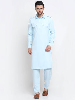 Kraft India - Men Cotton Sky Blue Pathani Kurta with Trousers (Set of 2)