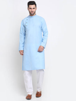 Kraft India - Men Cotton Sky Solid Kurta with Pyjamas (Set of 2)