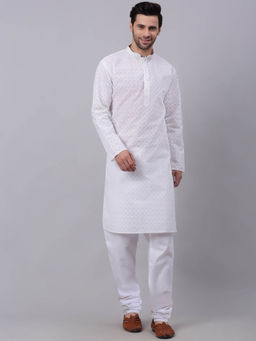 Kraft India - Men White Chikankari Kurta with Churidar (Set of 2)