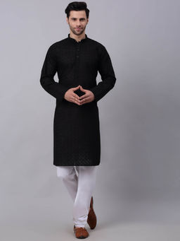 Kraft India - Men Black Chikankari Kurta with White Churidar (Set of 2)