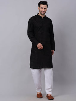 Kraft India - Men Black Chikankari Kurta with White Trousers (Set of 2)
