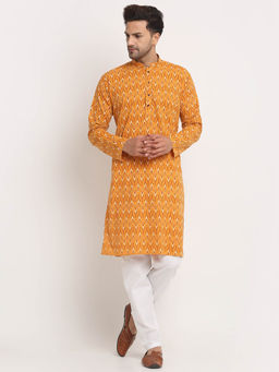 Kraft India - Men Cotton Jaipuri Printed Yellow Knee Length Kurta Trousers (Set of 2)