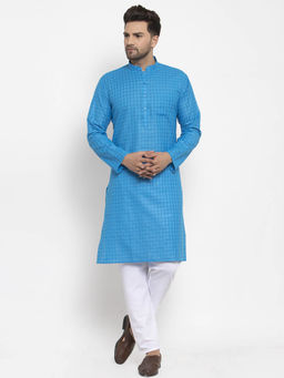 Kraft India - Men Blue and White Self Check Woven Design Kurta with Pyjamas (Set of 2)