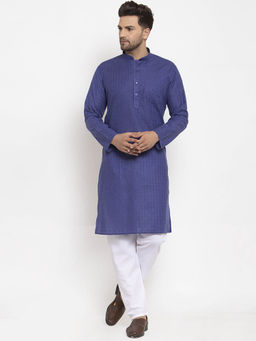 Kraft India - Men Royal Blue and White Self Check Woven Design Kurta with Pyjamas (Set of 2)