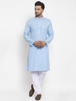 Kraft India - Men Blue and White Cotton Solid Kurta with Pyjamas (Set of 2)