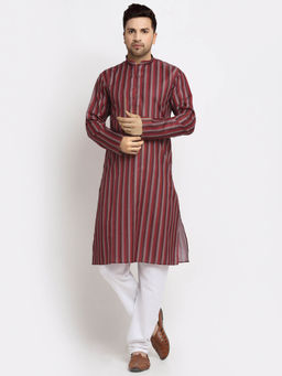 Kraft India - Men Cotton Stripped Red Kurta with Pyjamas (Set of 2)