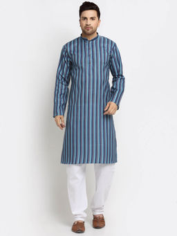 Kraft India - Men Cotton Stripped Blue Kurta with Pyjamas (Set of 2)