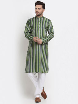 Kraft India - Men Cotton Stripped Green Kurta with Pyjamas (Set of 2)