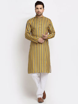 Kraft India - Men Cotton Stripped Mustard Kurta with Pyjamas (Set of 2)
