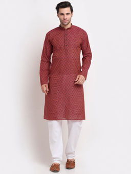 Kraft India - Men Cotton Printed Red Kurta with Pyjamas (Set of 2)