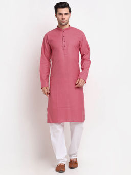 Kraft India - Men Cotton Striped Pink Kurta with Pyjamas (Set of 2)
