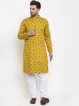 Kraft India - Men Mustard and White Cotton Printed Kurta with Pyjamas (Set of 2)