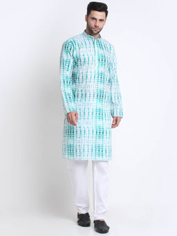 Kraft India - Men Green Cotton Batik Print Kurta and Pyjama (Set of 2)