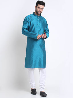 Kraft India - Men Blue Silk Jacquard Sequence Kurta and Churidar (Set of 2)