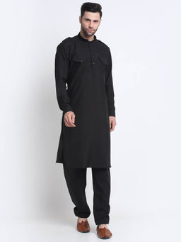 Kraft India - Men Black Cotton Solid Pathani and Trousers (Set of 2)